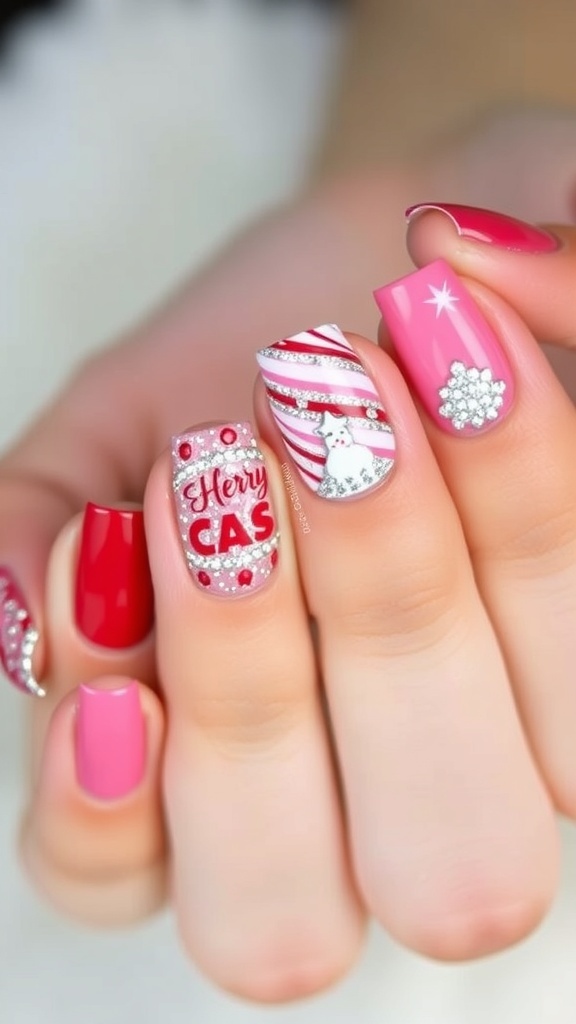 Pink and Red Christmas Nail Art Design Pink and red Christmas nail art design with glitter and festive patterns.